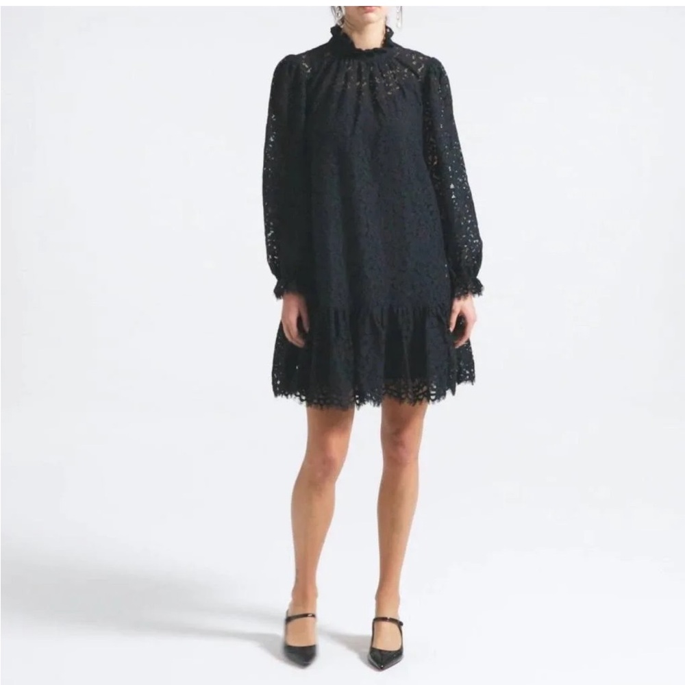 J Crew Black Lace Ruffle Balloon Sleeve Mock Neck Mini Dress